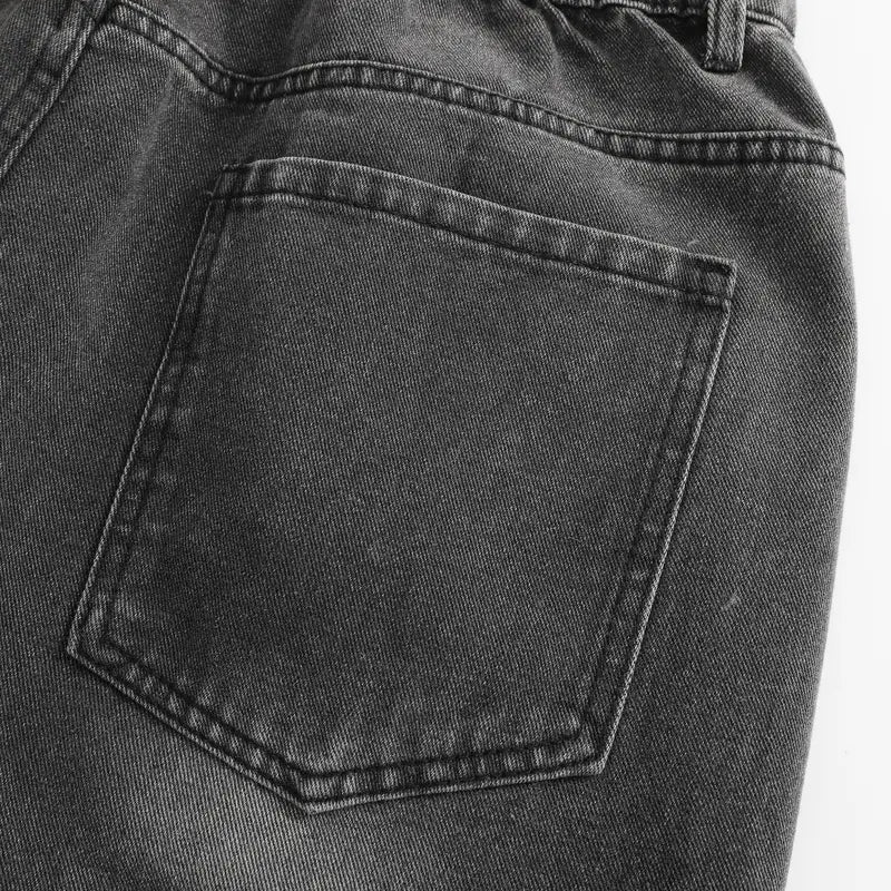 Men's Plain Baggy Denim Jeans - 90s-2000s Retro Vintage Clothing, Washed Charcoal Black Rigid Cotton, Oversized Loose-Fit Streetwear, Male All-Season Breathable, Raw Wash Vertical Paneled Seams, Sandblasted Whisker Fade