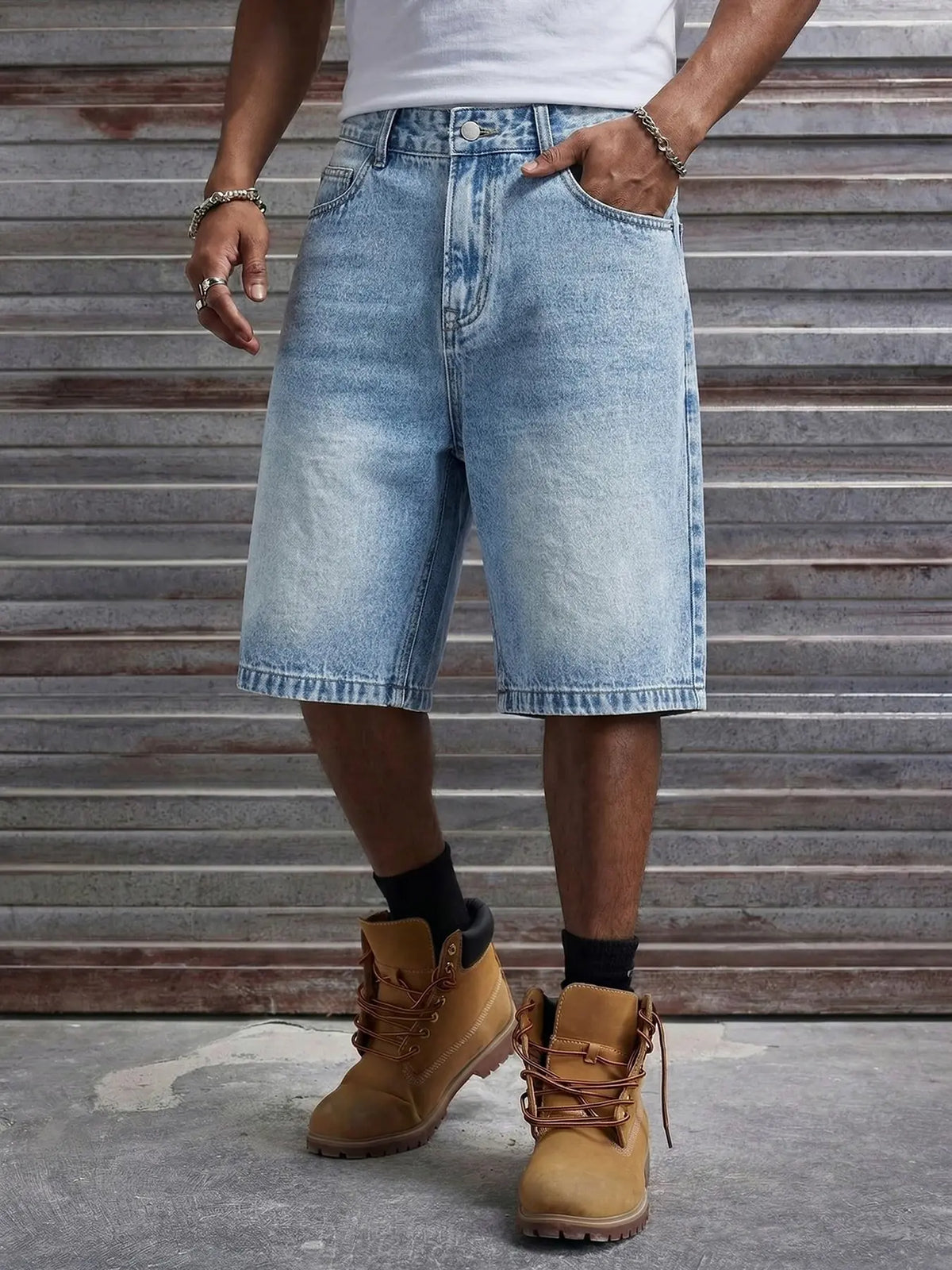 Men's Loose Fit Oversize Wide Leg Casual Fashion Denim Shorts, Classic Street Style, Plain Color with Pocket Design