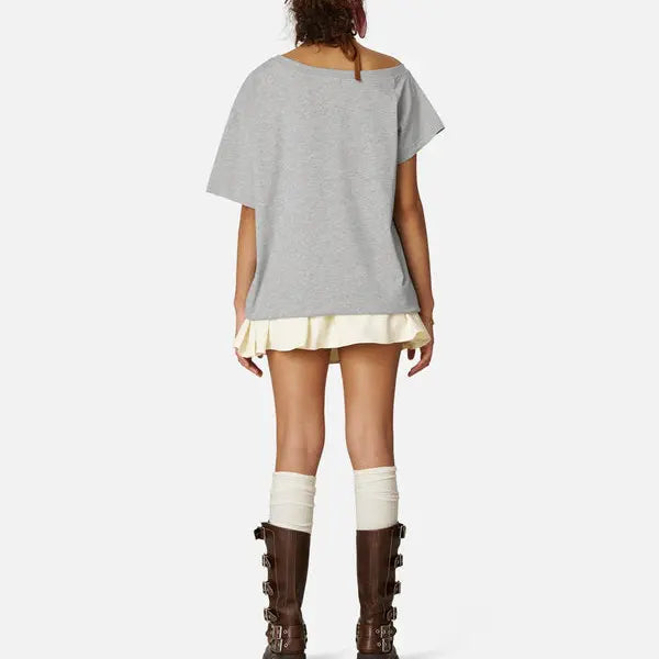 Aelfric Eden Women's Oversized Dachshund Off-The-Shoulder Graphic Tee, Cotton Short-Sleeve Chic Retro Preppy Top, Trendy Graphic Shirts for Casual Parties