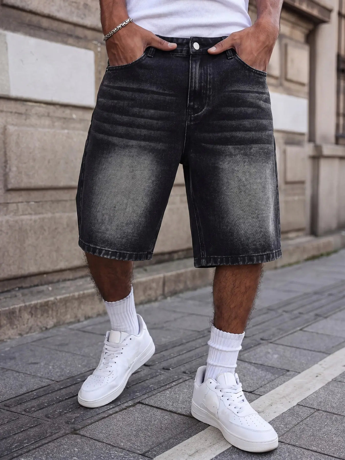 Men’s Black and Gray Loose Washed Denim Shorts Denim Clothing, Street Style, Non-Stretch Summer Streetwear, Sizes XS–XXL (Label W30–W40, Size S Fits 32-Inch Waist)