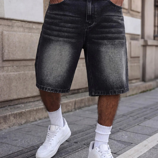 Men’s Black and Gray Loose Washed Denim Shorts Denim Clothing, Street Style, Non-Stretch Summer Streetwear, Sizes XS–XXL (Label W30–W40, Size S Fits 32-Inch Waist)