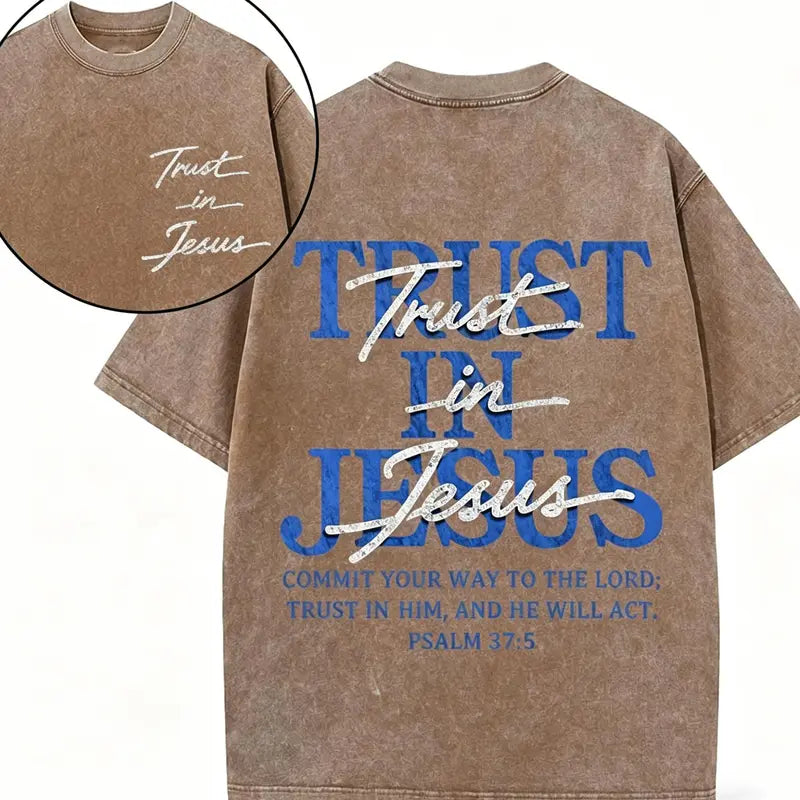 Christian Washed Oversized Tee, "Trust in Jesus" Psalm 37:5 Bible Verse Design, Faith-Based Gift for Men & Women