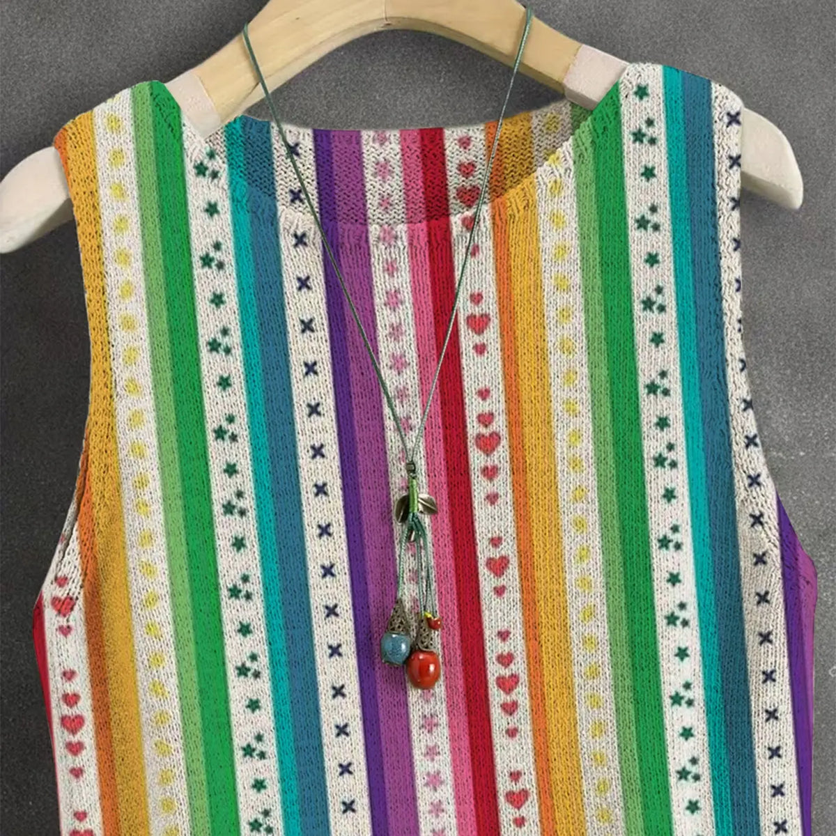 Women's Spring Summer Elegant Artistic Striped Star Heart Print Round Neck Sweater Vest, Casual Sleeveless Knit Top, Breathable Fashion