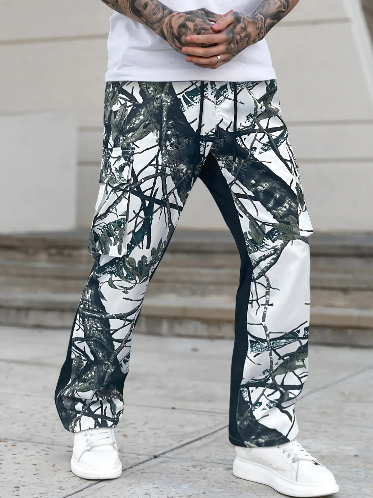 Unisex Regular Fit Flared Camo Print Camouflage Drawstring Waist Cargo Pants, Men's Street Fashion Casual Cargo Style Fashionable Pocket Trousers For Daily Wear, Fashion Men's Bottoms For All Seasons, Casual Streetwear Trousers, Streetwear Clothing
