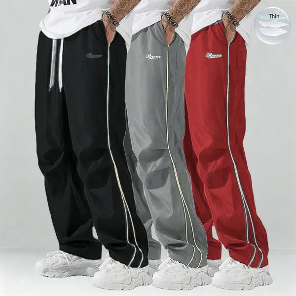 Father’s Day Gift Men’s Spring/Autumn Pants Set (1–3 pieces) | Lightweight & Soft | Side Gold Stripes | Loose Straight Fit | Street Style / Fitness / Casual Vibe | Black/Gray + Multiple Colors