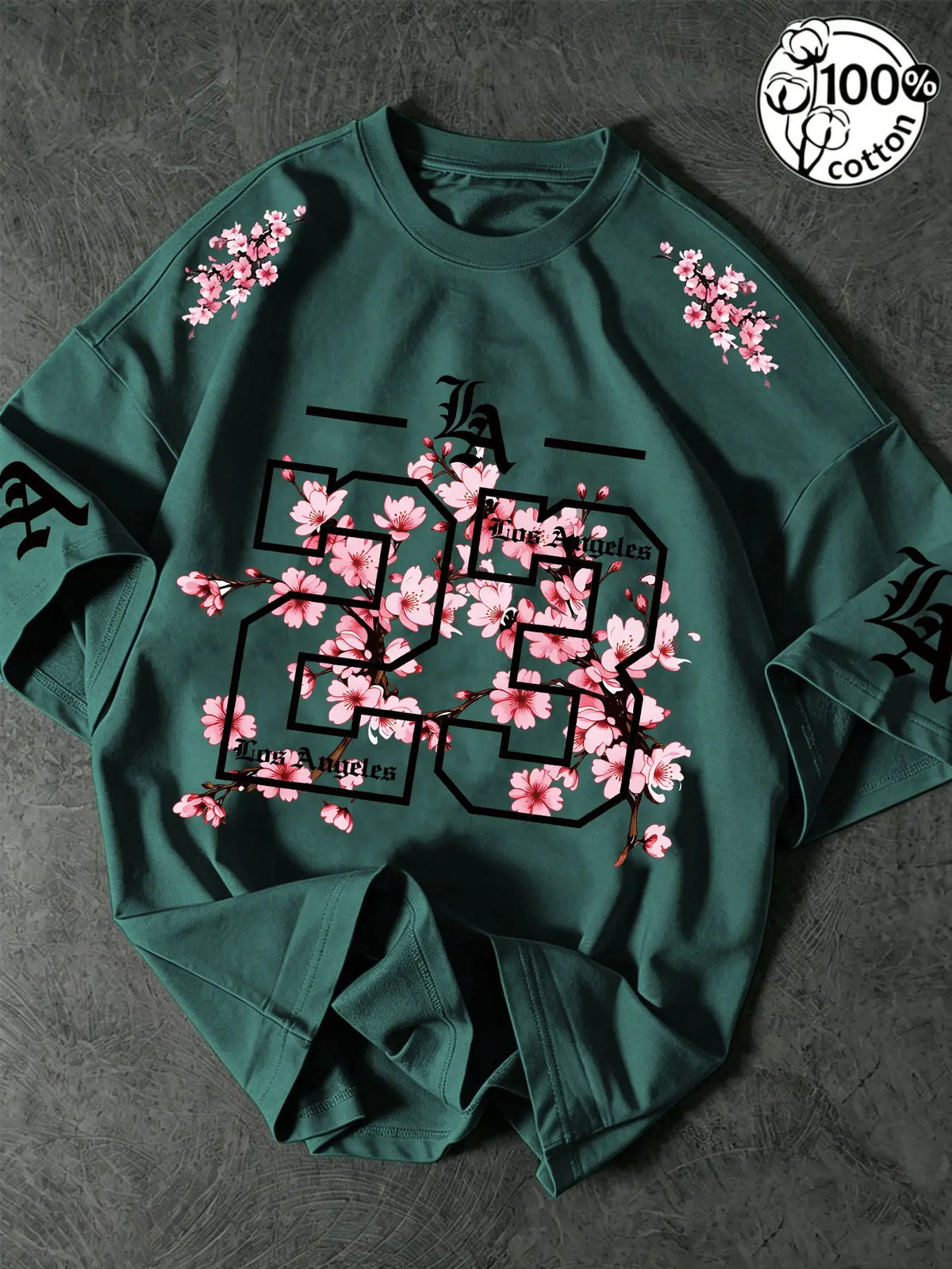 Unisex 100% Cotton Oversized Round Neck Aesthetic T-Shirt, Los Angeles 23 Gothic Cherry Blossom Print, Y2K Streetwear Top
