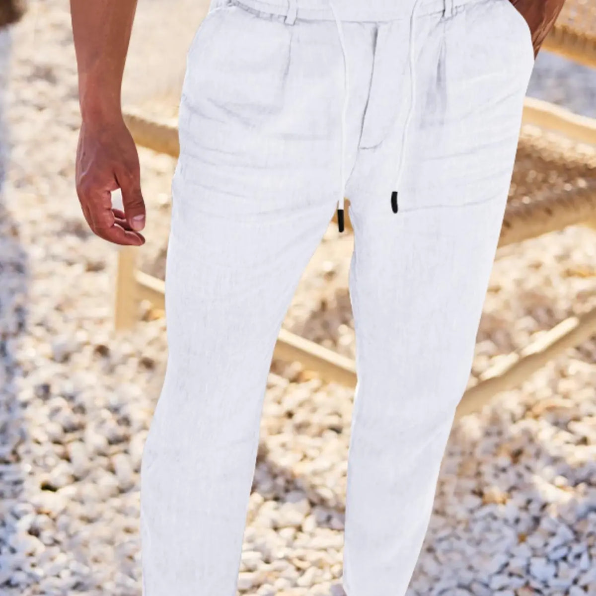 Men's Linen Pants, Fashion Trousers, Pocket Drawstring Solid Color Plain Hip Hop Beach Sports Wide Leg Long Pants, Comfortable Versatile All-Season Wear