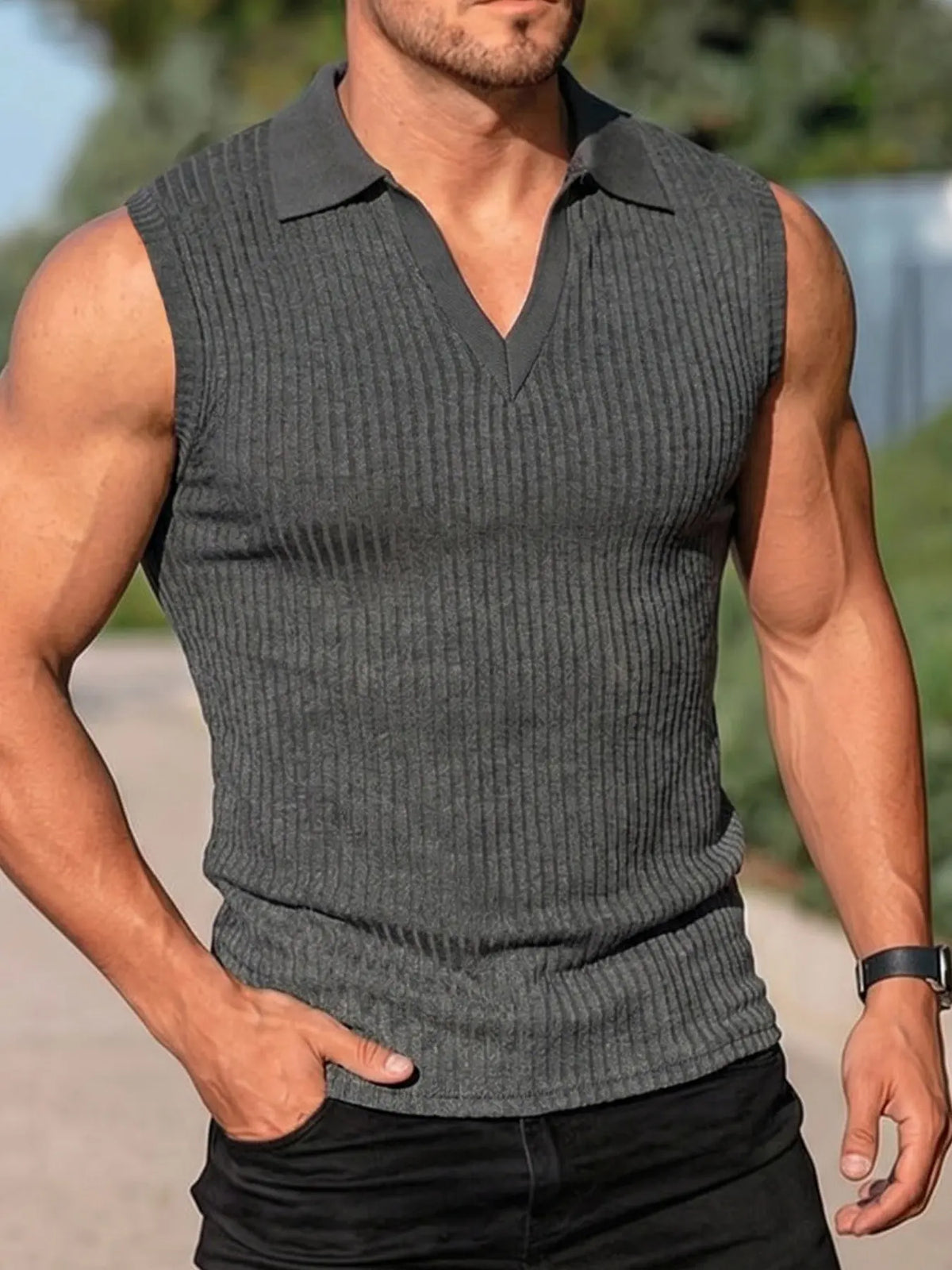 Men's plain rib-knit sleeveless polo shirt with V-neck collar jacket, fitted silhouette, breathable and comfortable, versatile for both street casual and light business casual wear, as well as outdoor sports vest, Menswear, Tops