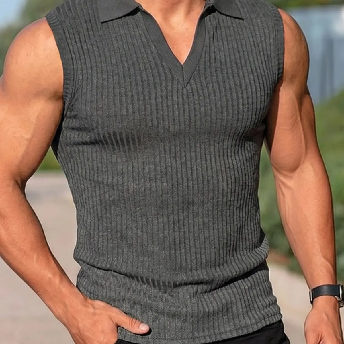 Men's plain rib-knit sleeveless polo shirt with V-neck collar jacket, fitted silhouette, breathable and comfortable, versatile for both street casual and light business casual wear, as well as outdoor sports vest, Menswear, Tops