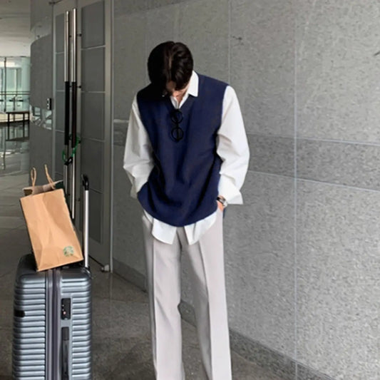 Men's Knitted Vest Spring Summer New Korean Style Loose Casual Sweater Backless Top, High-End Look, Comfortable Fit, Casual Comfy Vests