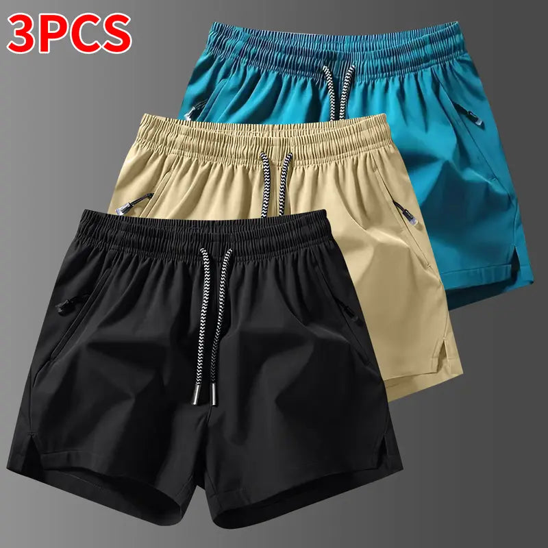 Men's 3-Counts Plain Solid Drawstring Shorts - Male Clothing, Drawstring Hold Fit, Casual Athletic Men's Shorts, Zipper Pockets, Chic Preppy Fitted Cut, Breathable Elastic Waist, Machine Washable Athleisure Bottoms, Athleisure to Beach