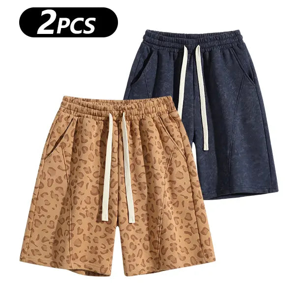 Men's Cotton Blend Sweat Shorts Casual Athletic Lounge, Loose Fit Drawstring with Pockets, Leopard Print Acid Wash, for Summer Workouts, Streetwear & Gym-to-Lounge