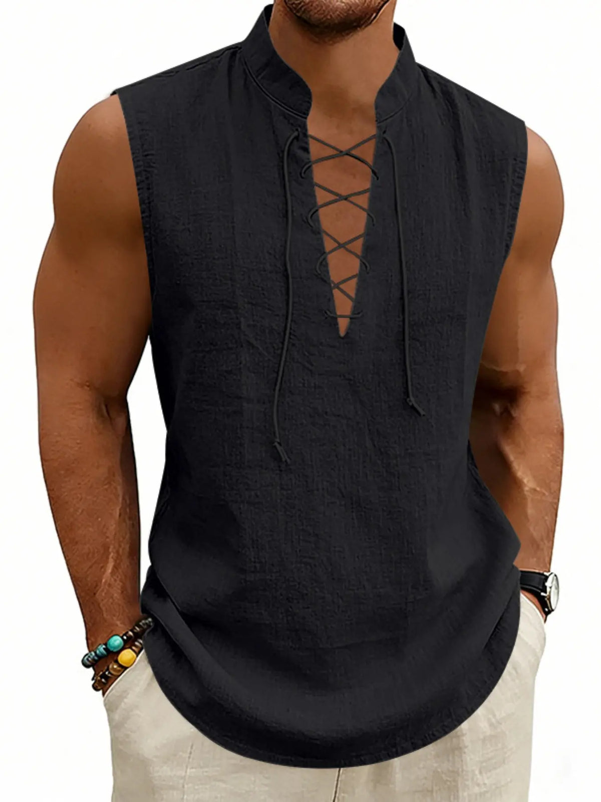 2026 Summer Men's Viking Medieval Drawstring Linen Vest, Open Front Vest, Loose Fit, Breathable, Sleeveless, Casual Style, Plain Pattern, No Collar, No Zipper
