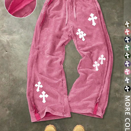 Unisex Street Style Cross Pattern Washed Sweatpants, Loose-Fit, Drawstring Waist, Cotton Fabric, Y2K Trousers, Ideal Gift, Streetwear, Casual Fashion Bottoms