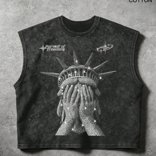 Men Women Unisex Washed Vest, Casual Comfy Vest, Statue of Liberty Face Mask, Vacation Picnic Outdoor Party Camping, Casual American Retro Vintage Fashion