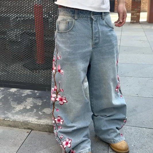 New Traditional Style Men's Wide Leg Baggy Denim Jeans, Embroidered Denim Jeans, Washed Light Blue, Side Floral Embroidery, Straight Fit Long Pants, Trendy Casual Fashion