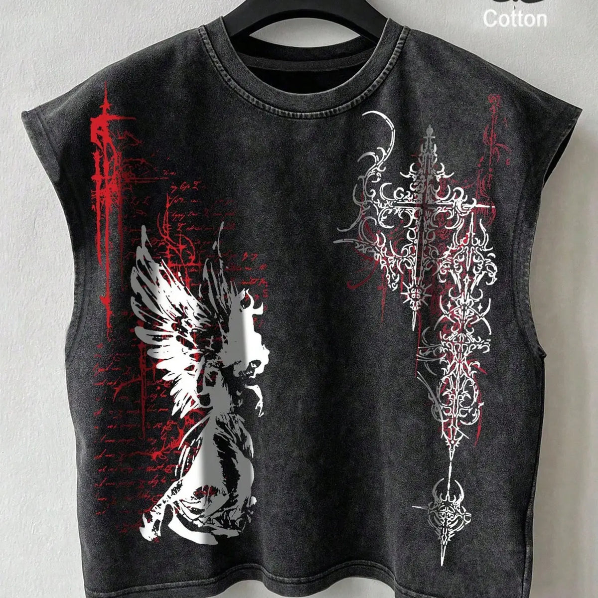 Unisex Washed Vest, Gothic Angel Design, Casual Street Style, Streetwear Tank Vest, Comfortable Fitted Top, Ideal for Outdoor Activities & Parties