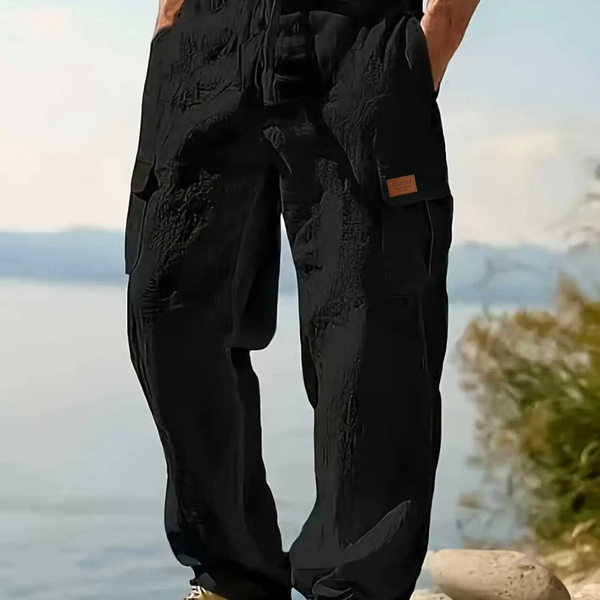 Men's Linen Cargo Style Pants Trouser with Drawstring Waist, Multiple Pockets, Straight Leg, Breathable Outdoor Beach Casual Long Pants, Breathable Casual Trousers