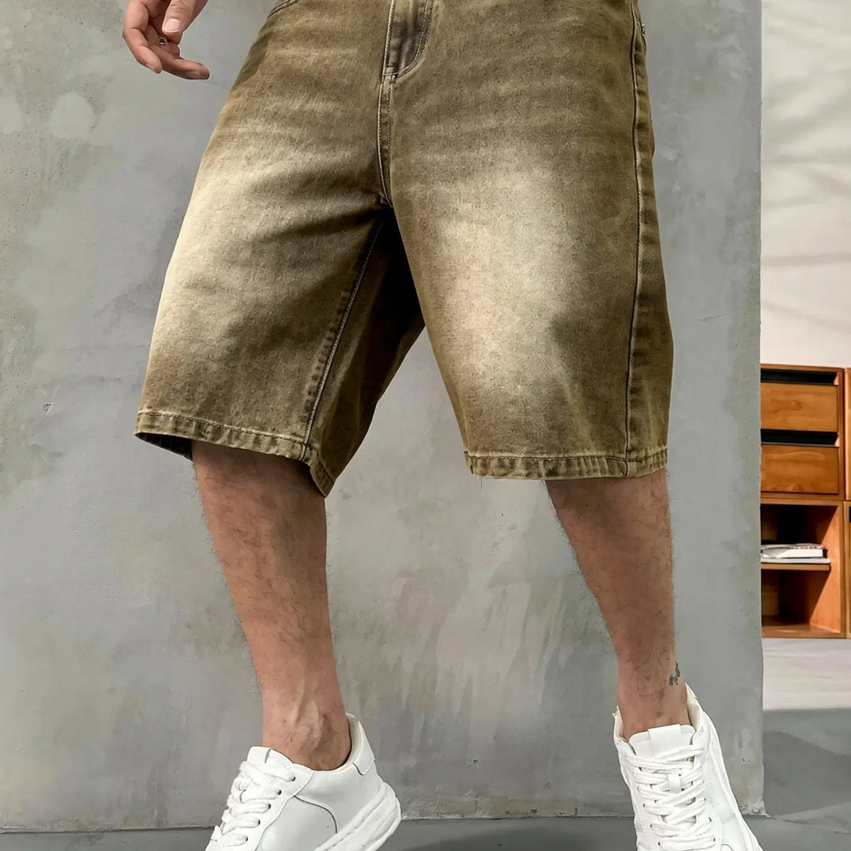 Men's washed retro color denim shorts, Denim Look, trendy, versatile, loose straight-leg casual streetwear denim five-point pants