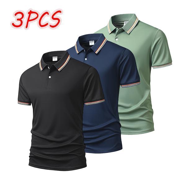 3-pack men's polo shirts with striped collar and cuffs, available in multiple color combinations, perfect for business and casual wear