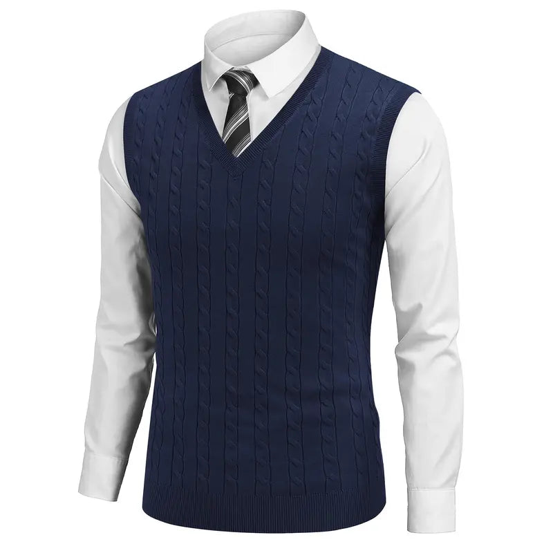 COOFANDY Menswear Men's V-Neck Slim-Fit Ribbed Cable-Knitted Sleeveless Pullover Sweater Vest, Stretchable Soft Lightweight Polyester Fabric, Machine Washable US Sizes, Formal-Casual Thermal Tops for Business Office