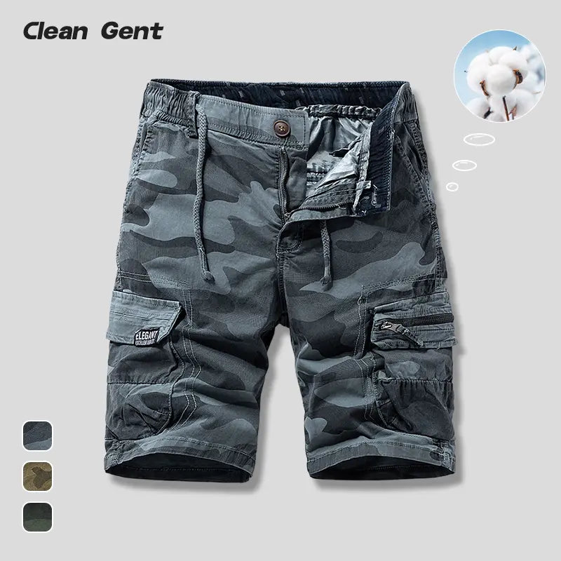 Clean Gent men’s classic camouflage cargo shorts—stylish, high-end design with multiple pockets for practicality; suitable for outdoor sports and waiting-in-line dates; a perfect gift choice.