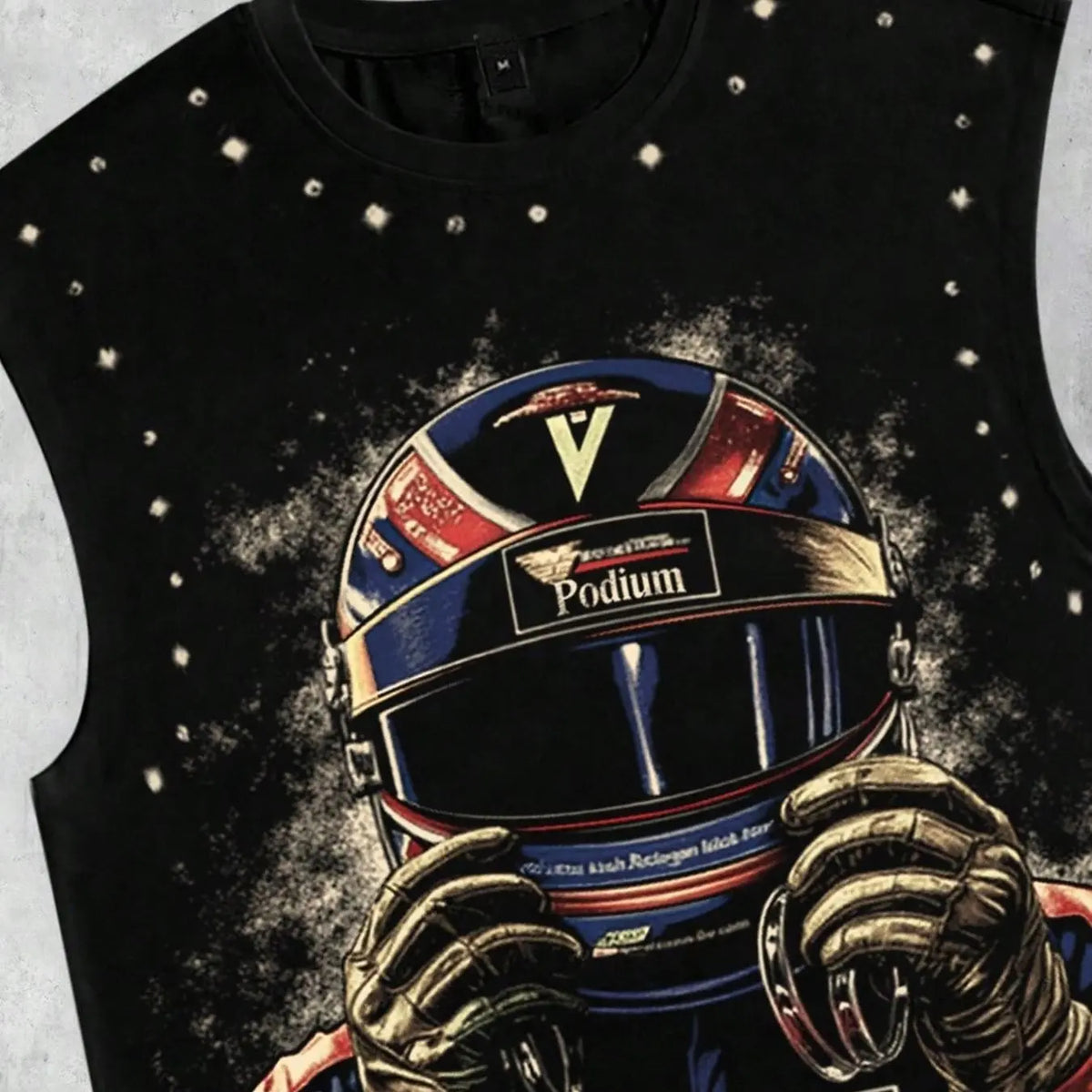 Retro racing style helmet with driver portrait print, distressed drawstring sleeveless vest, Victory slogan, Podium logo, distressed hem, men's black loose round neck casual top, unisex style, Streetwear, street style