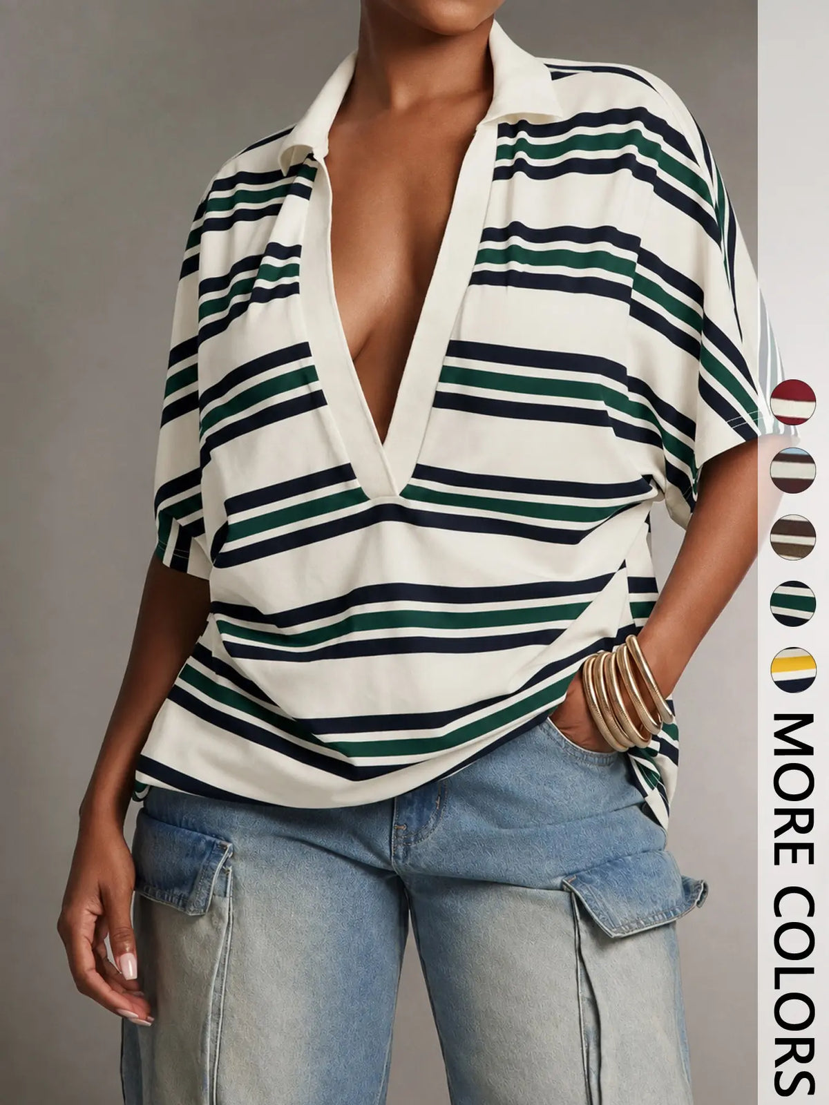 Deep V Collar Striped Polo Shirt, Loose-Fit Short Sleeve Casual Top, European and American Style T-Shirt, Comfortable and Stylish, V Neck Polo