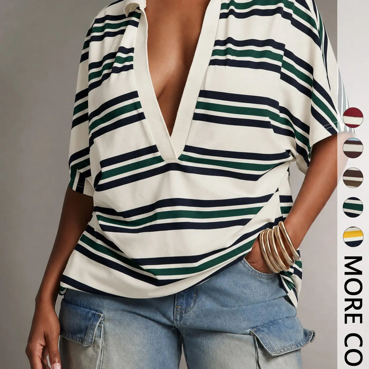 Deep V Collar Striped Polo Shirt, Loose-Fit Short Sleeve Casual Top, European and American Style T-Shirt, Comfortable and Stylish, V Neck Polo