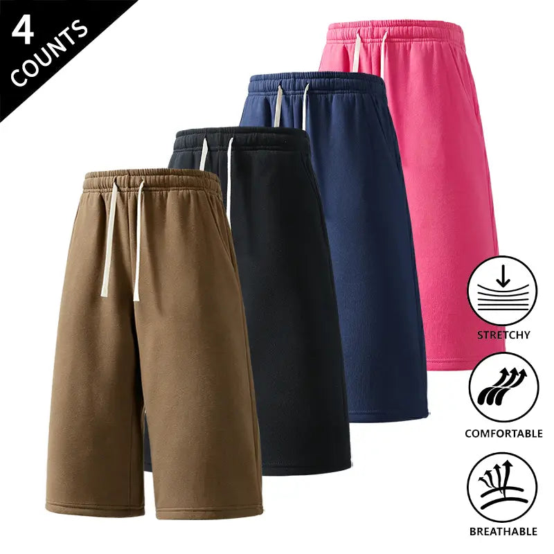 Men's Plain Fabric Casual Lounge Capri Pants (4-Pack) - Elastic Waist, Soft, Expandable, Above the Knee Everyday Cropped Bottoms in Coffee+Black+Light Gray+Rose Red, Light Gray+Black+Rose Red+Dark Gray, Rose Red+Navy Blue+Black+Light Gray