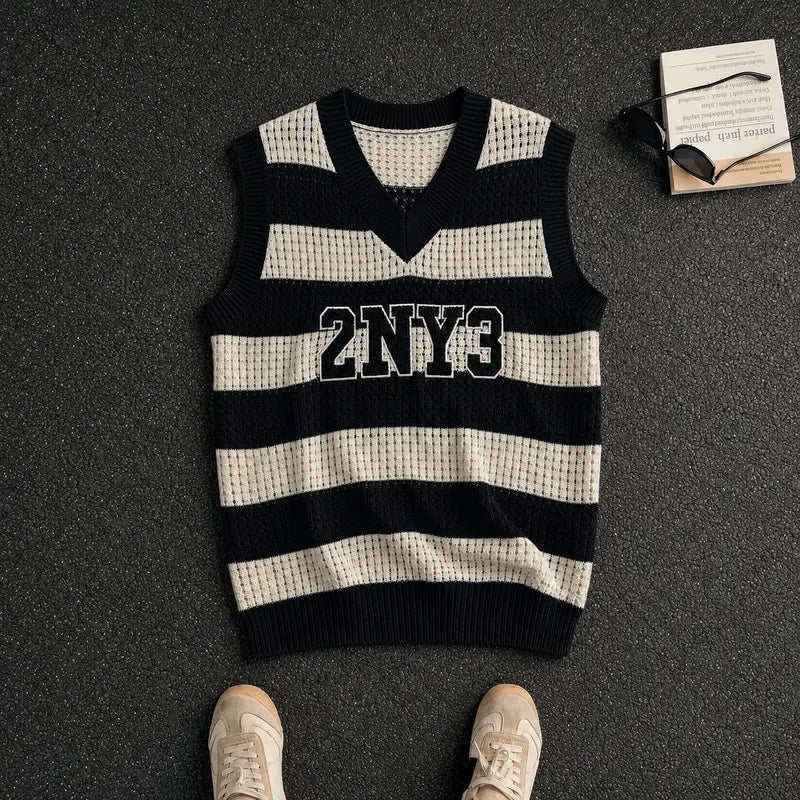 HYPESTFIT Men’s Striped Patchwork Knit V-Neck Sleeveless Open-Weave Lightweight Sweater Vest - Summer Casual Streetwear Top