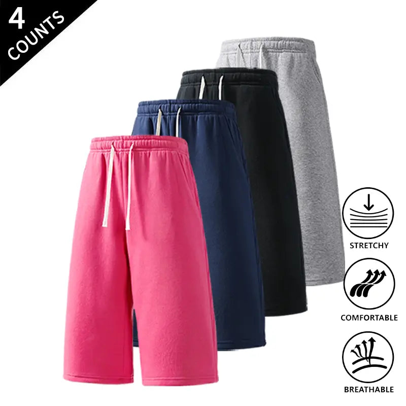 Men's Plain Fabric Casual Lounge Capri Pants (4-Pack) - Elastic Waist, Soft, Expandable, Above the Knee Everyday Cropped Bottoms in Coffee+Black+Light Gray+Rose Red, Light Gray+Black+Rose Red+Dark Gray, Rose Red+Navy Blue+Black+Light Gray