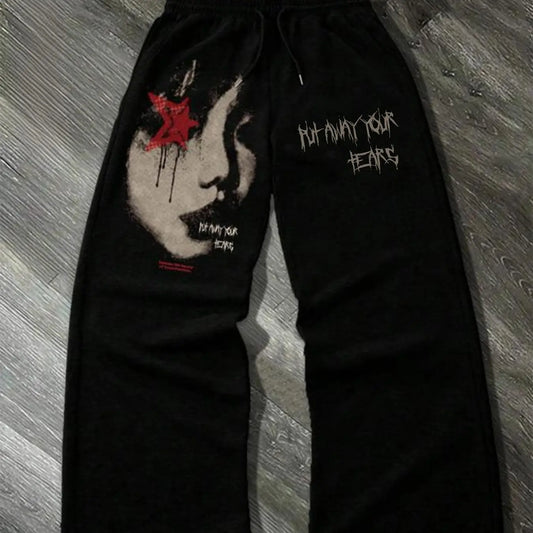 Men's Y2K Vintage Print Drawstring Flare Pants with Pockets, Casual Streetwear Trousers, Casual Street Style, Fall & Winter Fashion, Trendy Daily Wear