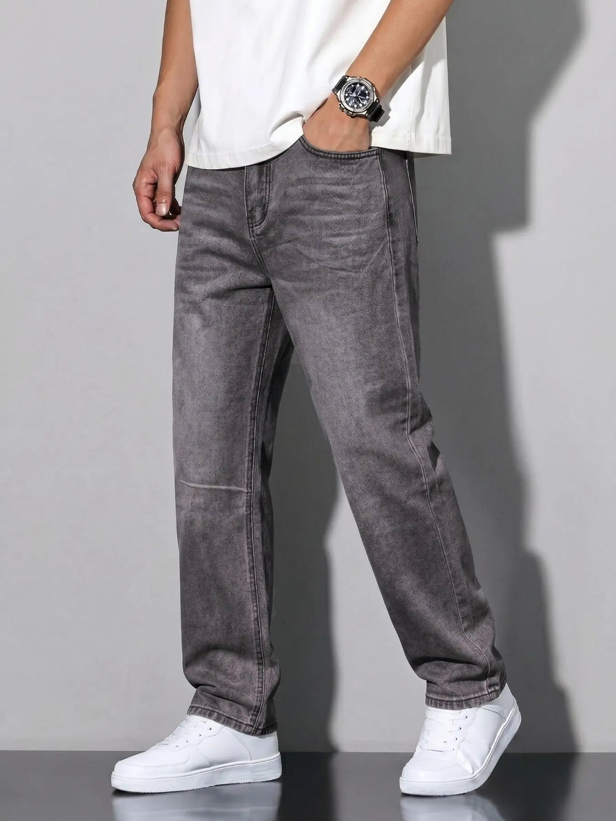 Unisex Solid Color Plain Minimalist Straight-Leg Jeans with Slant Pockets, Cotton Jeans, Casual Versatile Washed Denim Pants, Couple Straight Fit Trousers