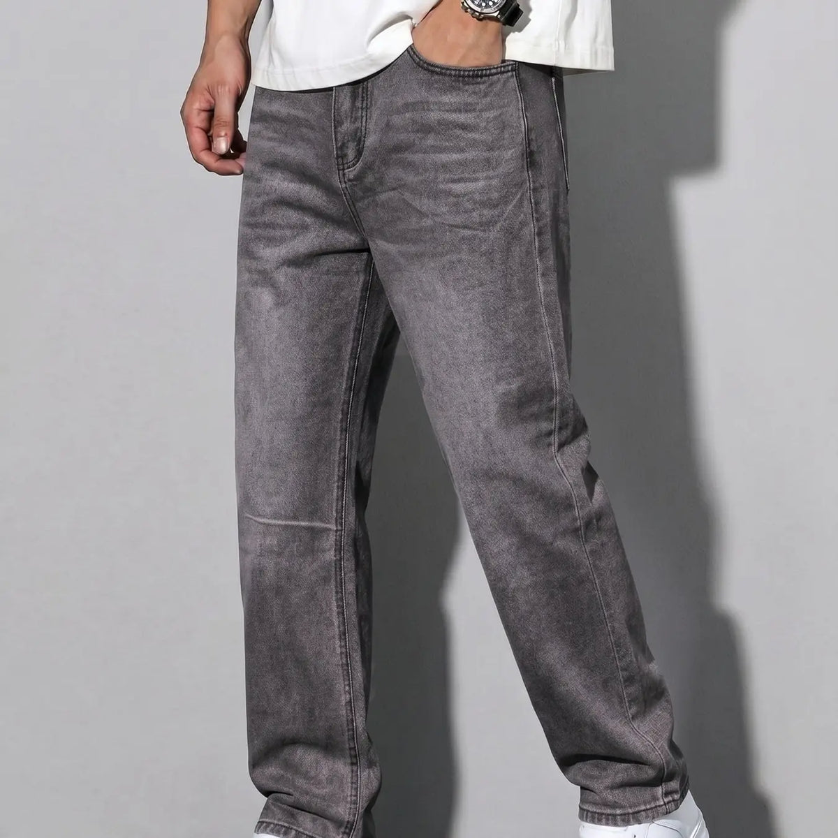 Unisex Solid Color Plain Minimalist Straight-Leg Jeans with Slant Pockets, Cotton Jeans, Casual Versatile Washed Denim Pants, Couple Straight Fit Trousers