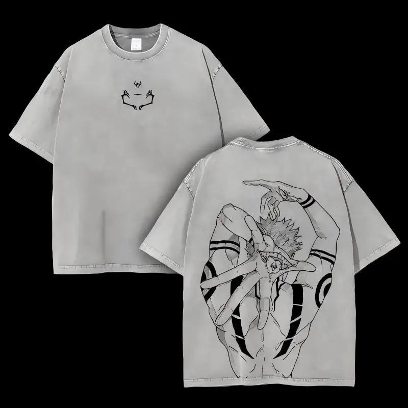 Men's 220g Pure Cotton Oversized Retro Limited Ryomen Sukuna Signature Jujutsu Kaisen Double-Printed Round Neck Short-Sleeve Streetwear Tshirt - Washed Ribbed Seamless Premium Fabric, Summer Anime Fan Gift
