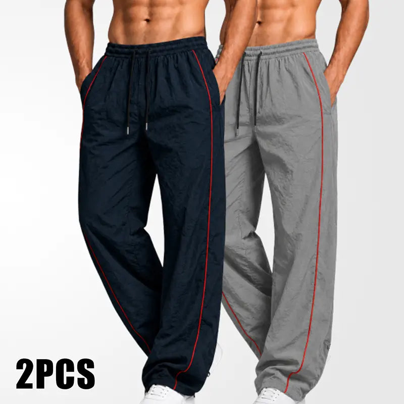 Men's Lightweight Breathable Wide Leg Pants - Reflective Stripe Casual Track Pants with Adjustable Drawstring & Cuffs