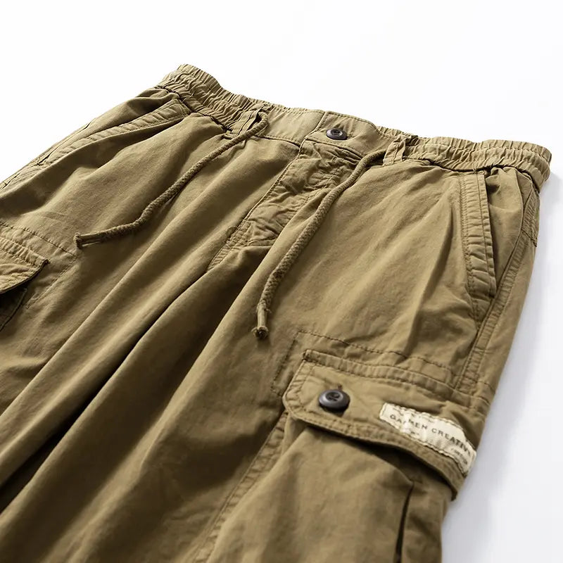 Men's Loose Casual Cargo Pants - Black Menswear with Drawstring Cuffs, Multiple Pockets, Drawstring Fit, Stylish Retro Casual Edge, All Seasons, Back to School First Day Outfits