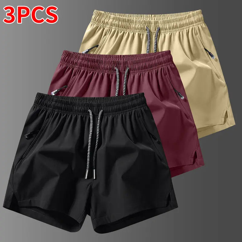 Men's 3-Counts Plain Solid Drawstring Shorts - Male Clothing, Drawstring Hold Fit, Casual Athletic Men's Shorts, Zipper Pockets, Chic Preppy Fitted Cut, Breathable Elastic Waist, Machine Washable Athleisure Bottoms, Athleisure to Beach