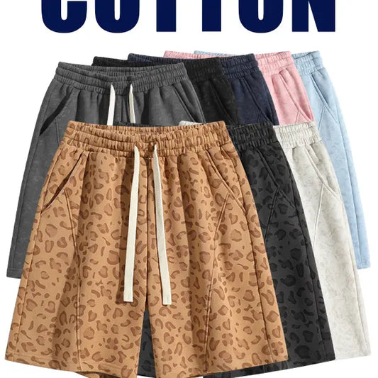 Men's Cotton Blend Sweat Shorts Casual Athletic Lounge, Loose Fit Drawstring with Pockets, Leopard Print Acid Wash, for Summer Workouts, Streetwear & Gym-to-Lounge