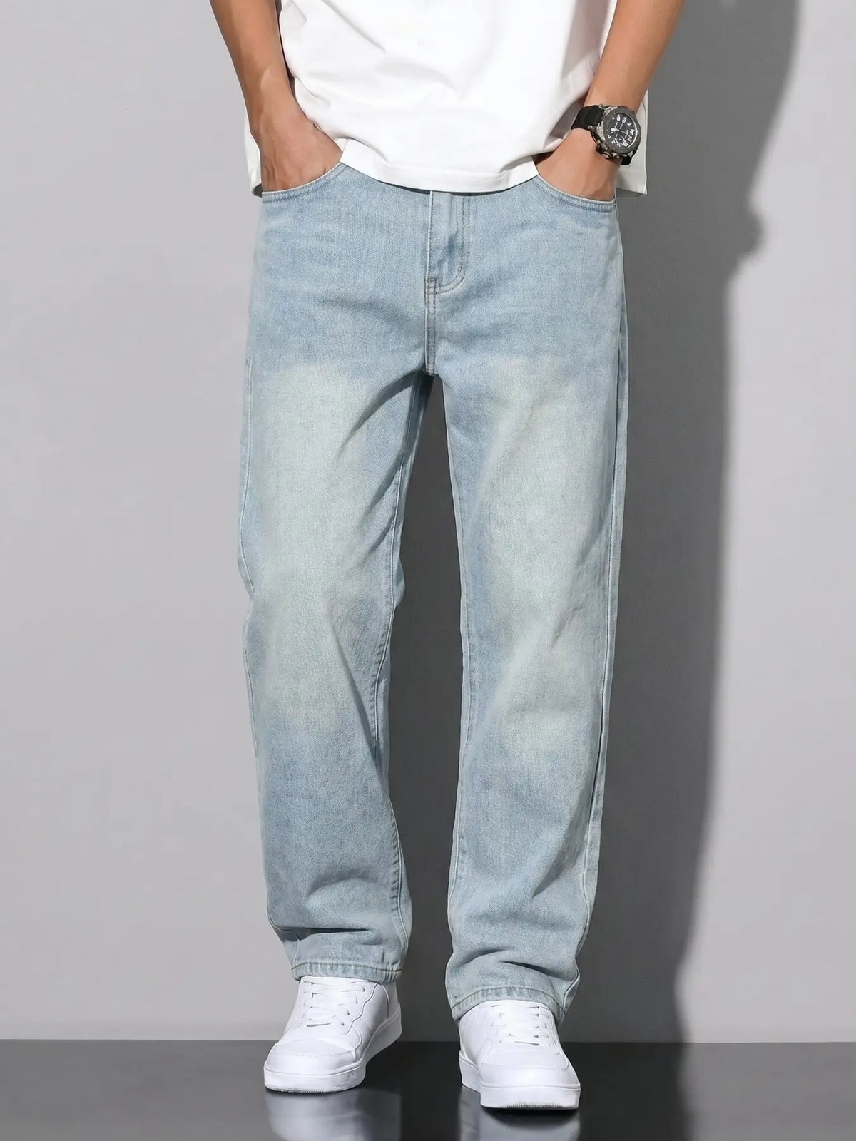 Unisex Solid Color Plain Minimalist Straight-Leg Jeans with Slant Pockets, Cotton Jeans, Casual Versatile Washed Denim Pants, Couple Straight Fit Trousers