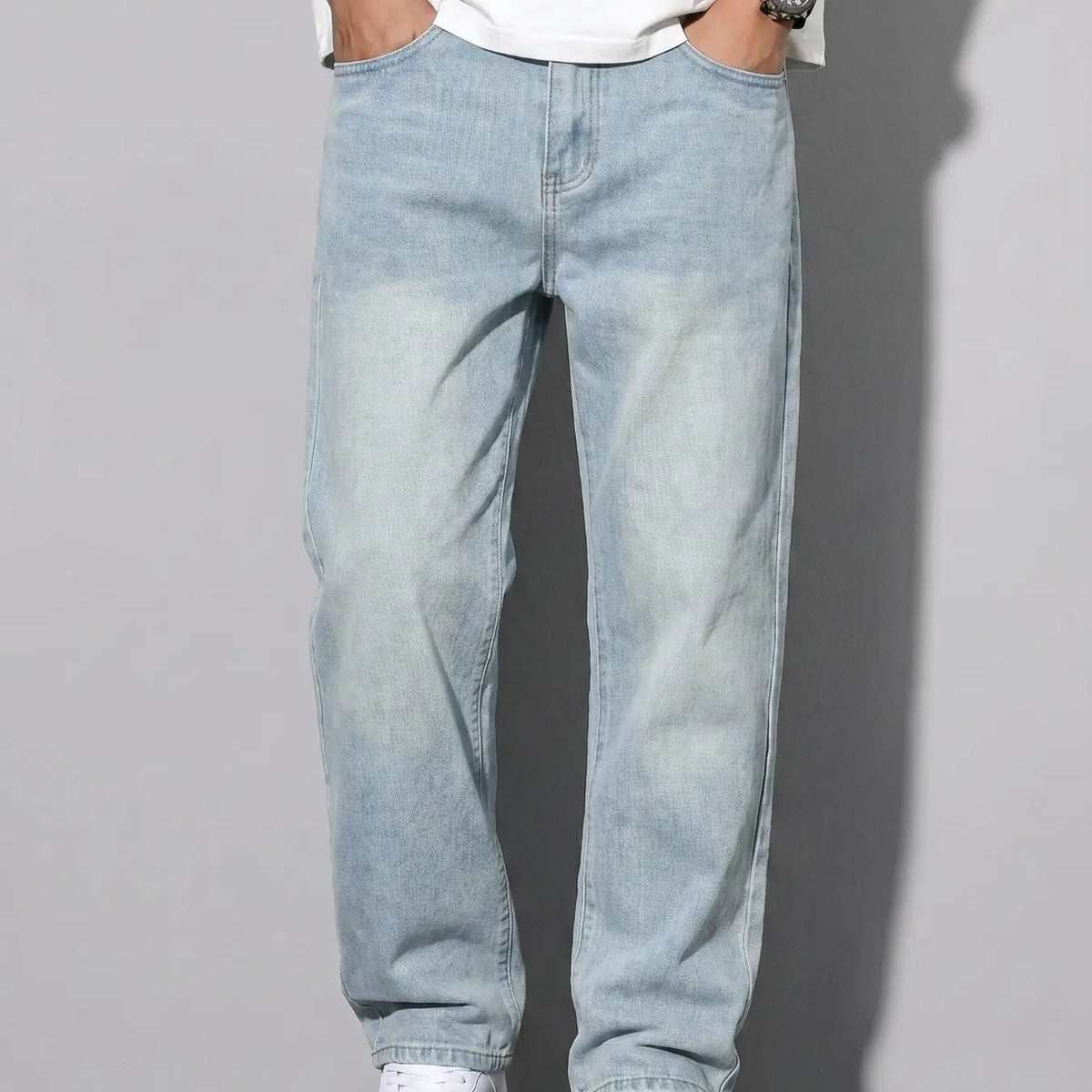 Unisex Solid Color Plain Minimalist Straight-Leg Jeans with Slant Pockets, Cotton Jeans, Casual Versatile Washed Denim Pants, Couple Straight Fit Trousers