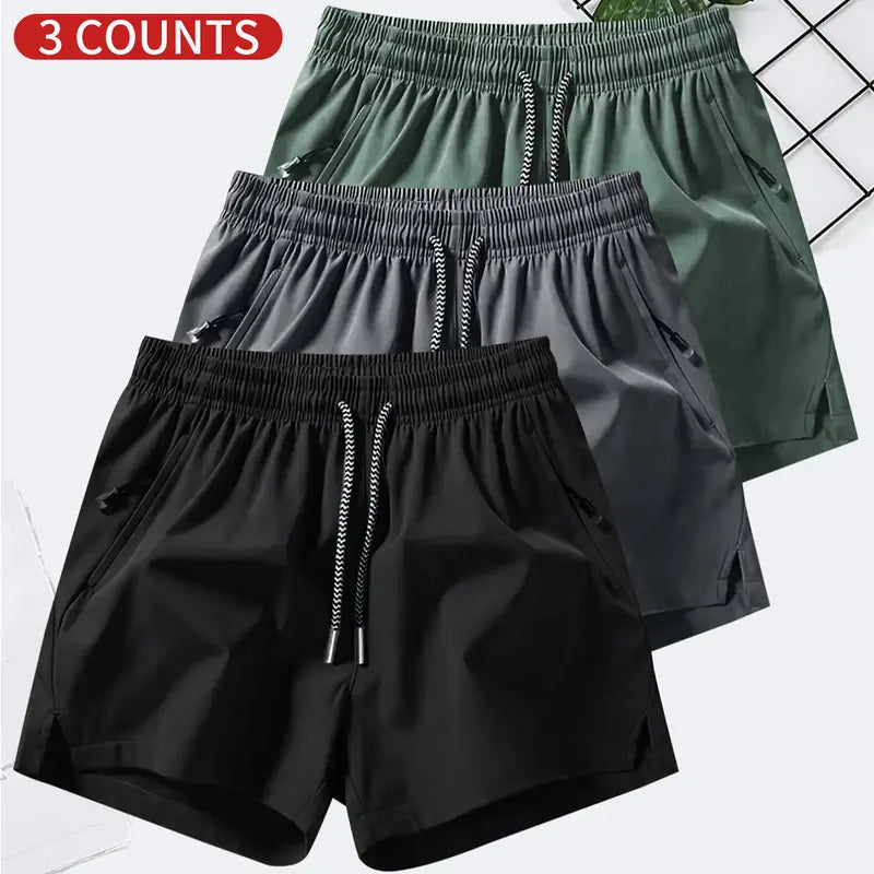 Men's 3-Counts Plain Solid Drawstring Shorts - Male Clothing, Drawstring Hold Fit, Casual Athletic Men's Shorts, Zipper Pockets, Chic Preppy Fitted Cut, Breathable Elastic Waist, Machine Washable Athleisure Bottoms, Athleisure to Beach