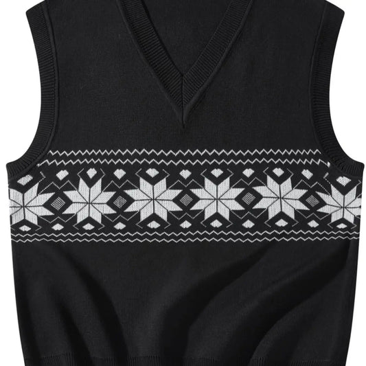 Men's Regular Fit Geometric Print V Neck Sweater Vest, Menswear Casual Stylish Fashion Preppy Youthful Aesthetic Sleeveless Knit Top for Fall & Winter Aesthetic