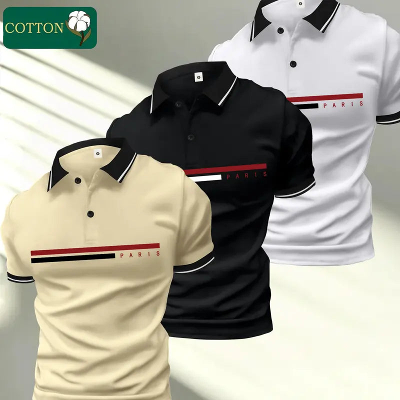 Stylish Men's Polo Shirt Set, Printed Cotton Menswear Top, Short Sleeve with Turn-Down Collar, Skin-Friendly Fabric,back to school,back to school shopping, Casual,clothes for back to school,first day of school outfits