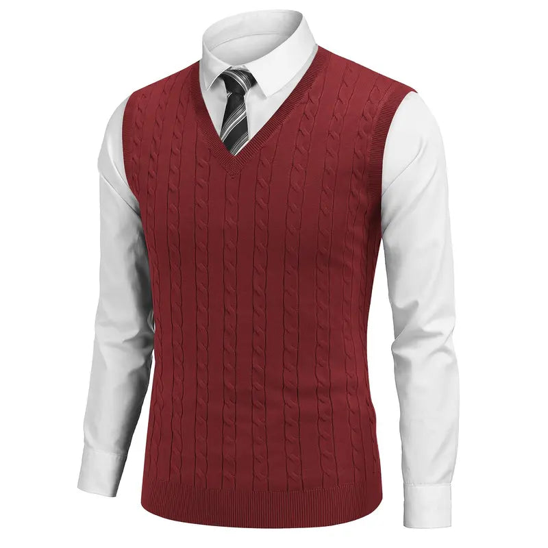 COOFANDY Menswear Men's V-Neck Slim-Fit Ribbed Cable-Knitted Sleeveless Pullover Sweater Vest, Stretchable Soft Lightweight Polyester Fabric, Machine Washable US Sizes, Formal-Casual Thermal Tops for Business Office