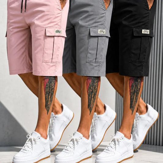 URMCZ Men's Fitted Matching Shorts Set - Chic Preppy, Breathable Cool Drawstring Color-Mixed, Lightweight 4-Way Stretch, Slanted Multipockets, Rhinestone-Accented, Work & Beach Wear (Black, Brown, Green, Pink)