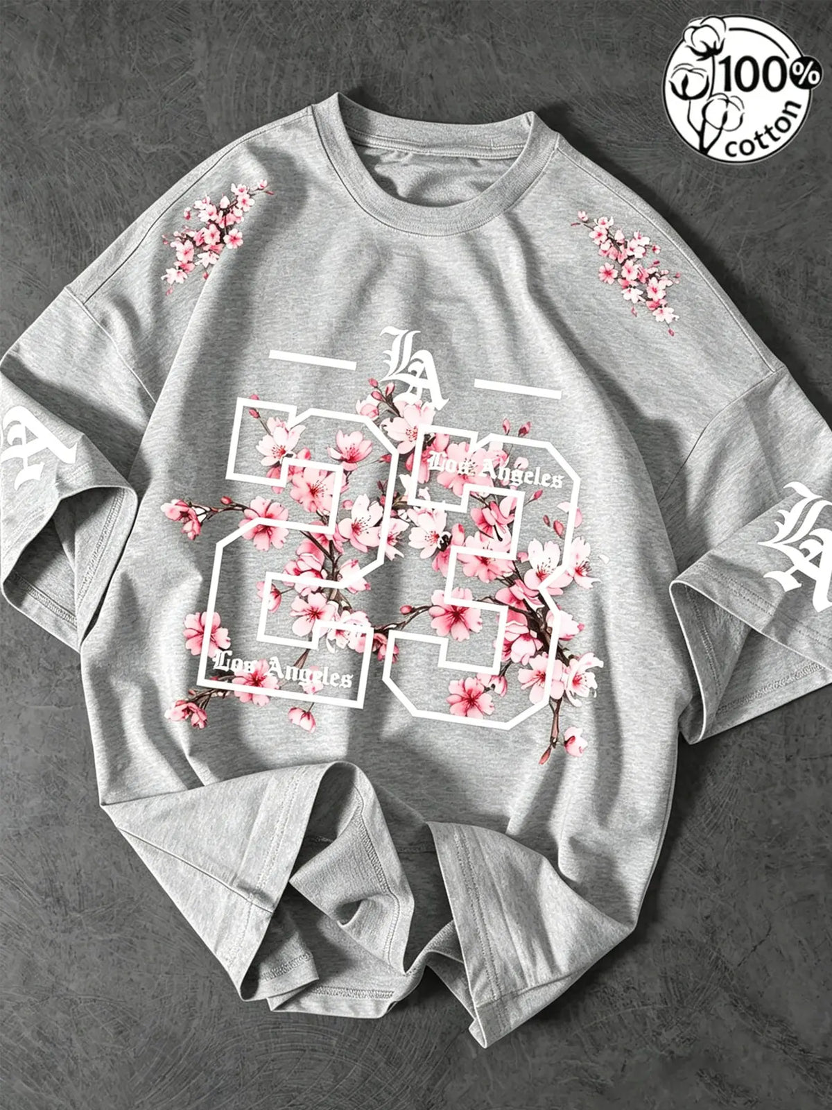 Unisex 100% Cotton Oversized Round Neck Aesthetic T-Shirt, Los Angeles 23 Gothic Cherry Blossom Print, Y2K Streetwear Top