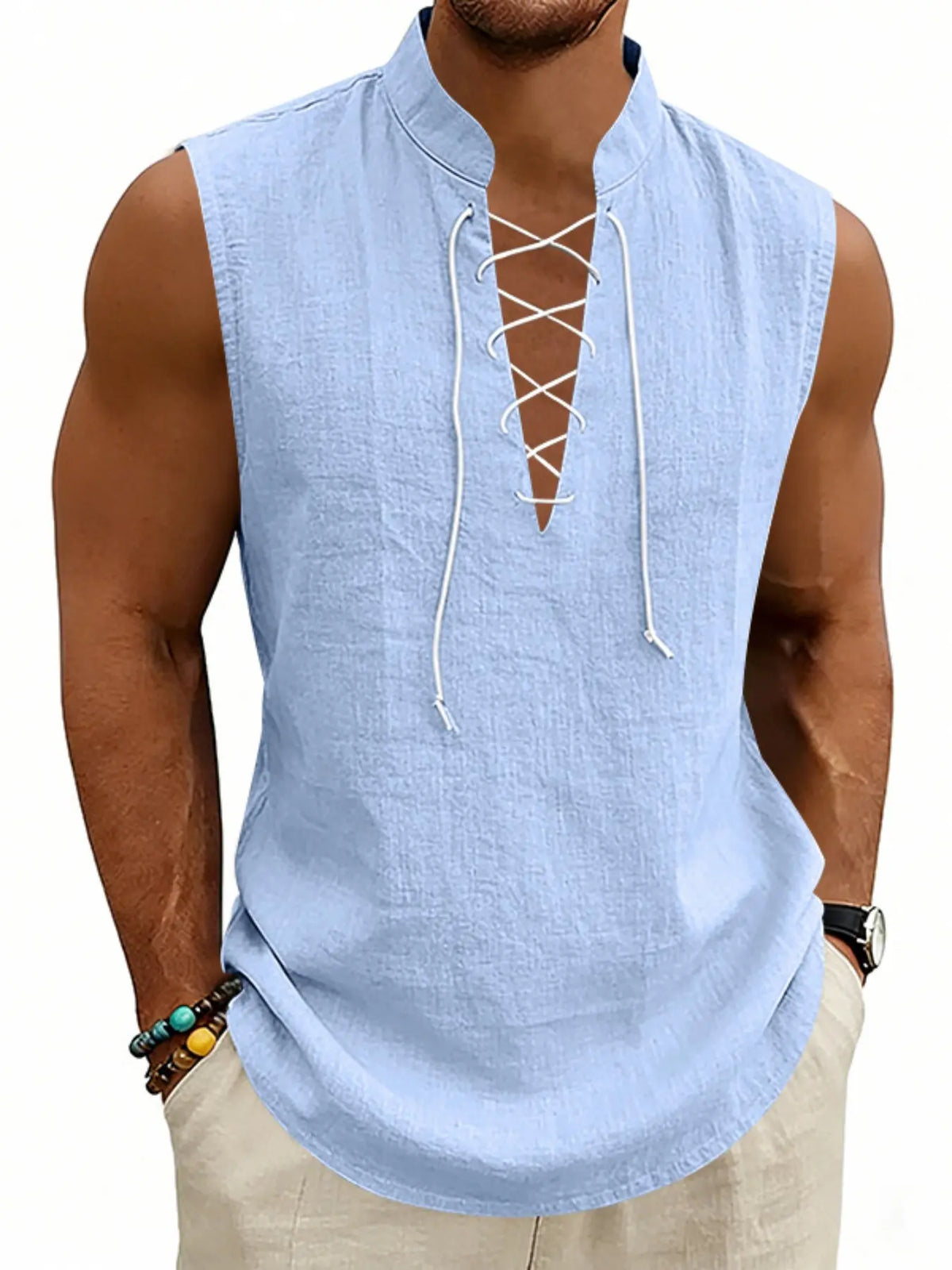 2026 Summer Men's Viking Medieval Drawstring Linen Vest, Open Front Vest, Loose Fit, Breathable, Sleeveless, Casual Style, Plain Pattern, No Collar, No Zipper