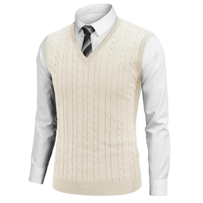 COOFANDY Menswear Men's V-Neck Slim-Fit Ribbed Cable-Knitted Sleeveless Pullover Sweater Vest, Stretchable Soft Lightweight Polyester Fabric, Machine Washable US Sizes, Formal-Casual Thermal Tops for Business Office